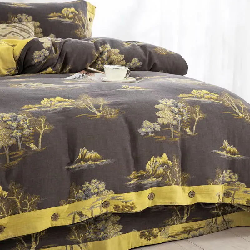 Bettwäscheset aus Baumwollgaze-Jacquard mit Landschaftsdruck (4-teilig)