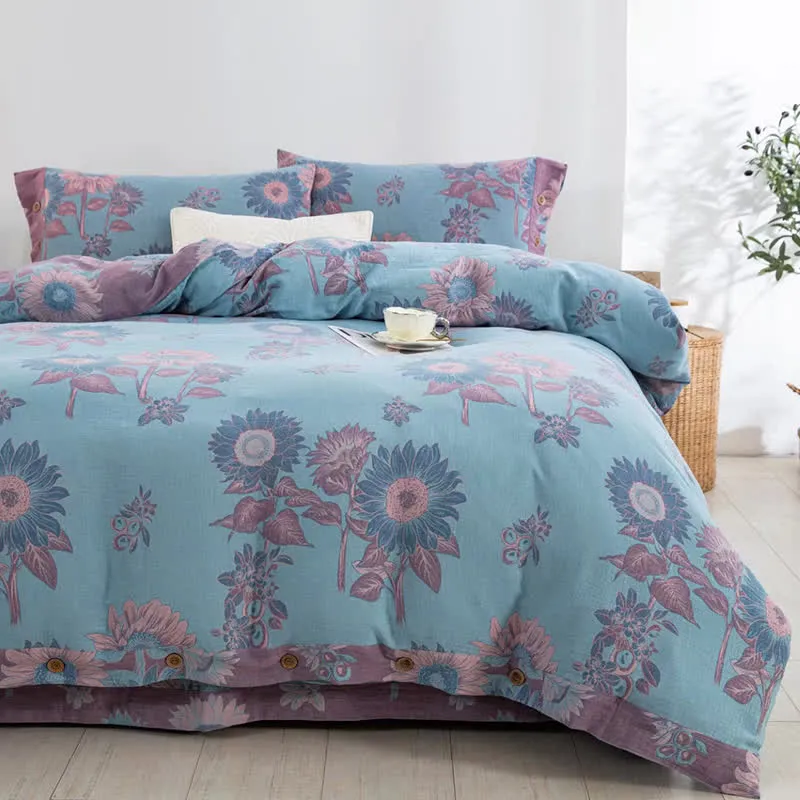 Sonnenblumen-Bettwäscheset aus Baumwollgaze-Jacquard (4-teilig)