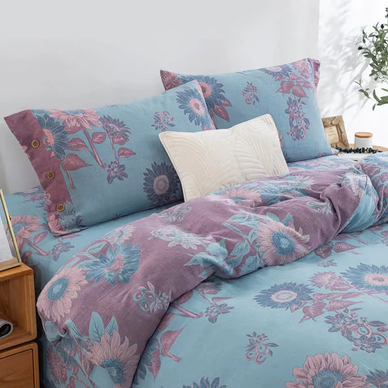 Sonnenblumen-Bettwäscheset aus Baumwollgaze-Jacquard (4-teilig)
