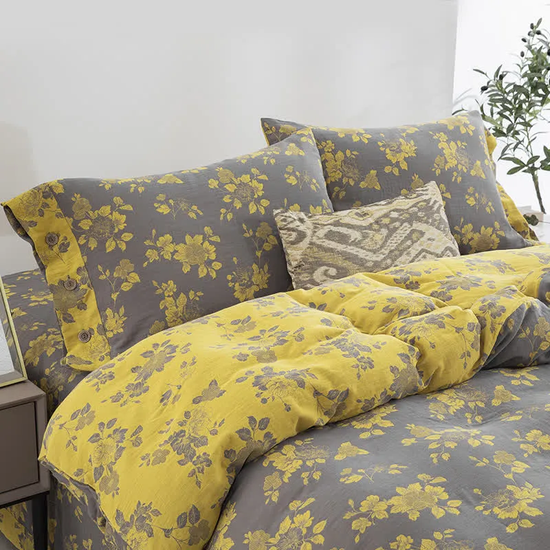 Rustikales Jacquard-Bettwäscheset aus Baumwollgaze mit Blumenmuster (4-teilig)