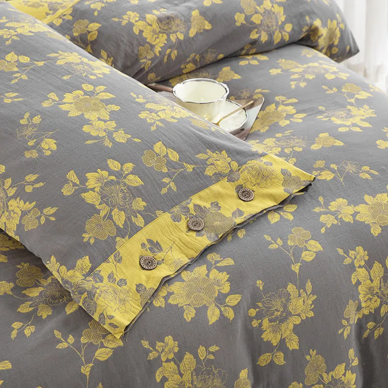 Rustikales Jacquard-Bettwäscheset aus Baumwollgaze mit Blumenmuster (4-teilig)