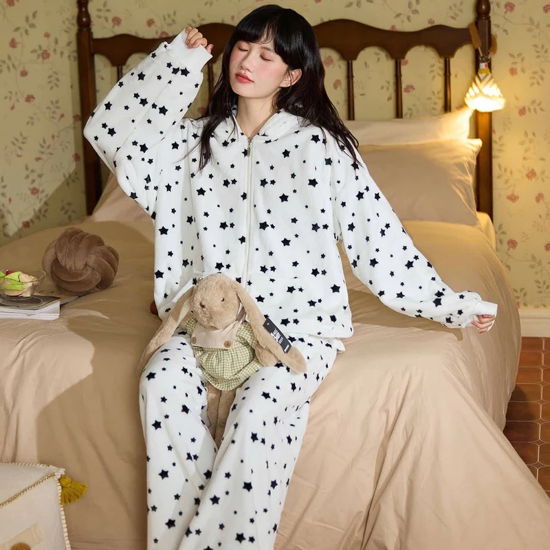 Hasenohren-Kapuzen-Plüsch-Loungewear-Set mit Reißverschluss