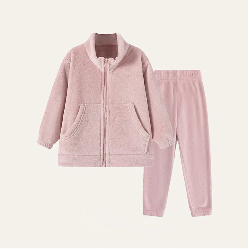 Einfarbiges Plüsch-Loungewear-Set für Kinder mit Reißverschluss