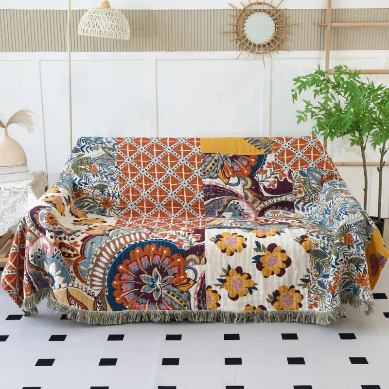 Sofadecke aus Baumwollgaze mit Blumenmuster im Ethno-Stil