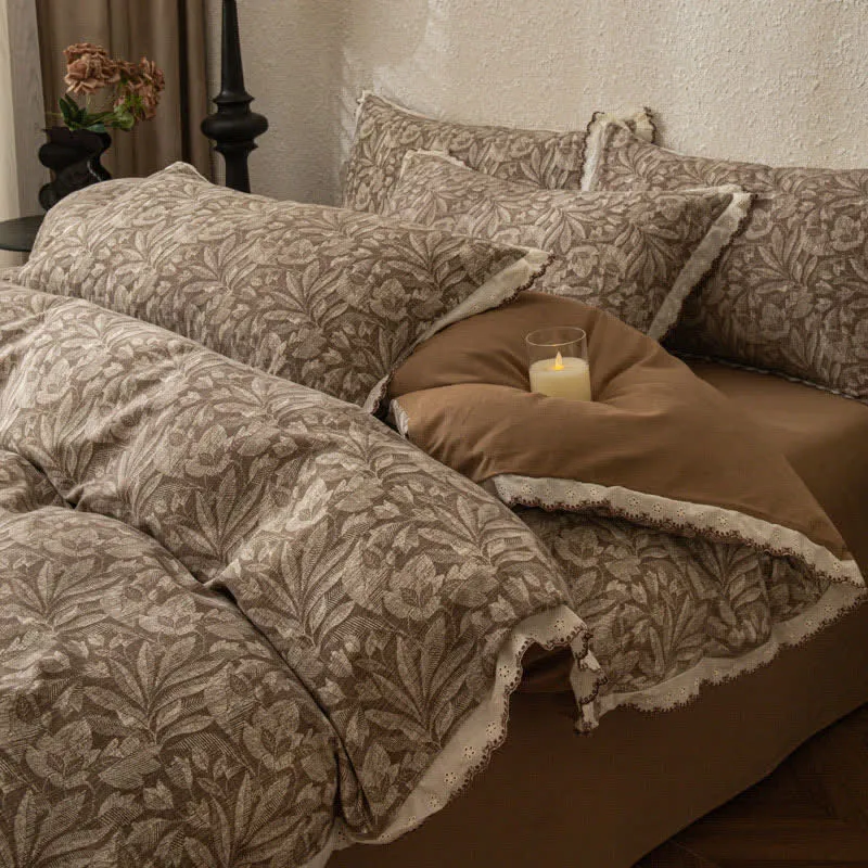 Bettwäsche-Set aus gebürsteter Baumwolle mit Vintage-Blattspitze