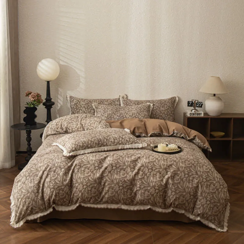 Bettwäsche-Set aus gebürsteter Baumwolle mit Vintage-Blattspitze