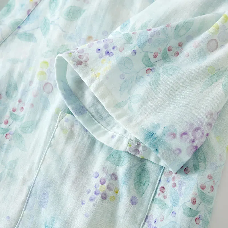 Japanischer Pyjama aus Baumwollgaze mit lila Aufdruck