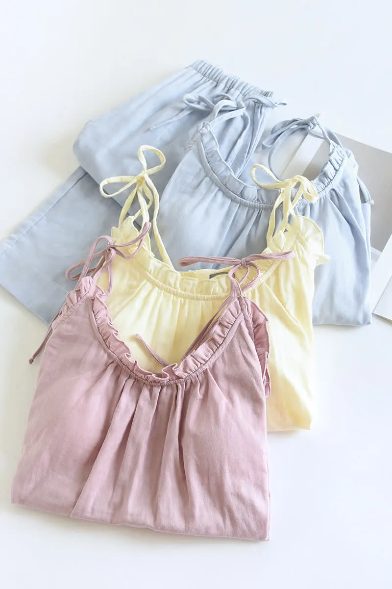 Einfarbiger Rüschen-Baumwollpyjama mit Camisole