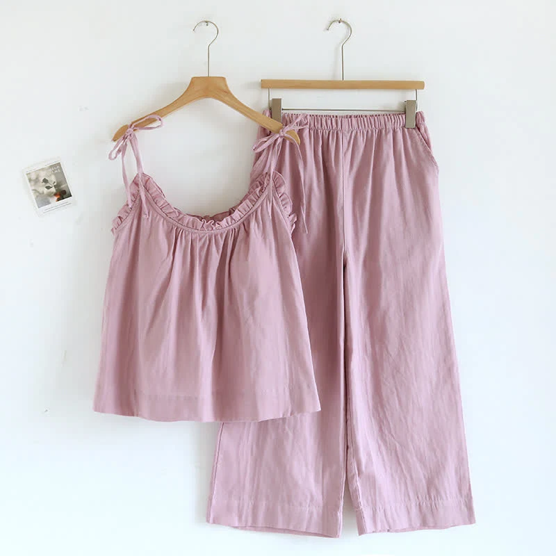 Einfarbiger Rüschen-Baumwollpyjama mit Camisole