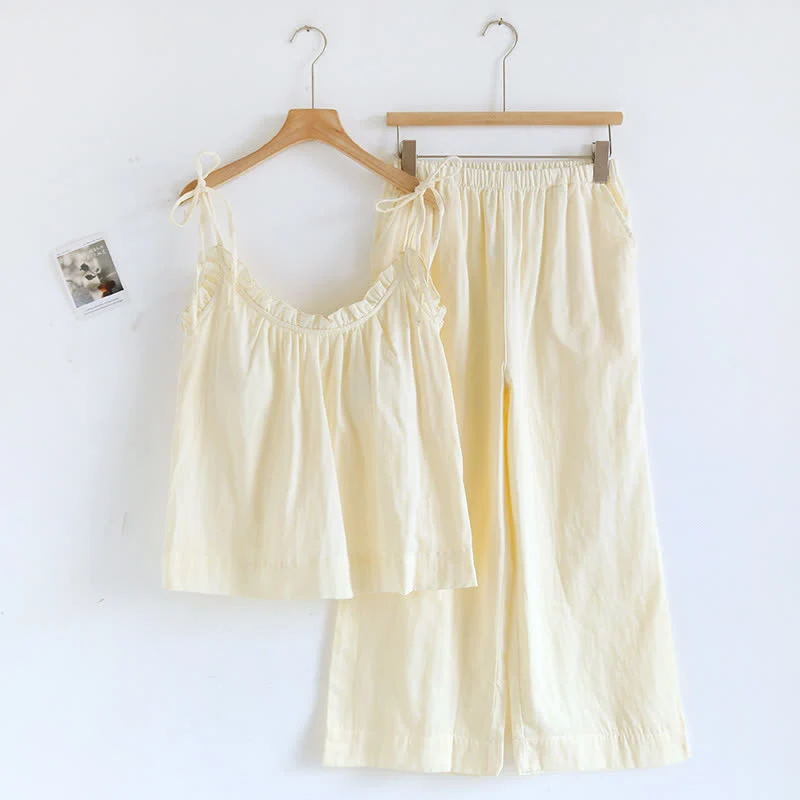 Einfarbiger Rüschen-Baumwollpyjama mit Camisole