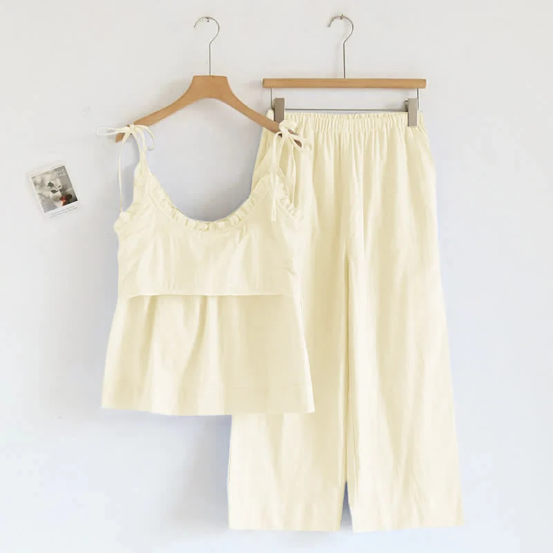 Einfarbiger Rüschen-Baumwollpyjama mit Camisole
