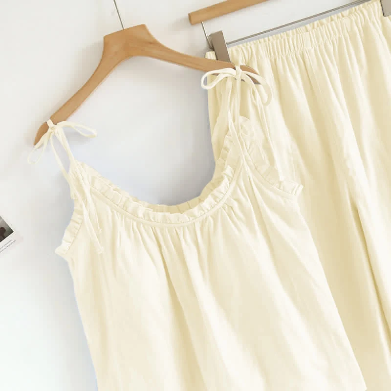 Einfarbiger Rüschen-Baumwollpyjama mit Camisole