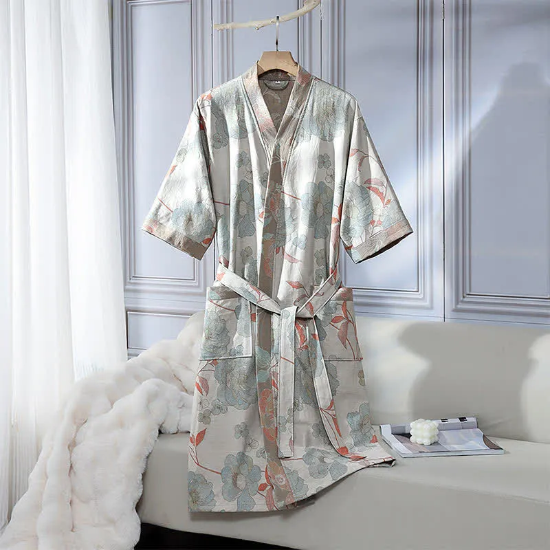 Unisex Bademantel aus Baumwollgaze, blau-pfingstrosenfarben
