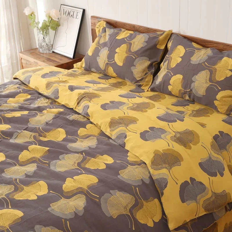 Wende-Bettwäscheset aus Baumwolle mit Ginkgoblättern (4-teilig)