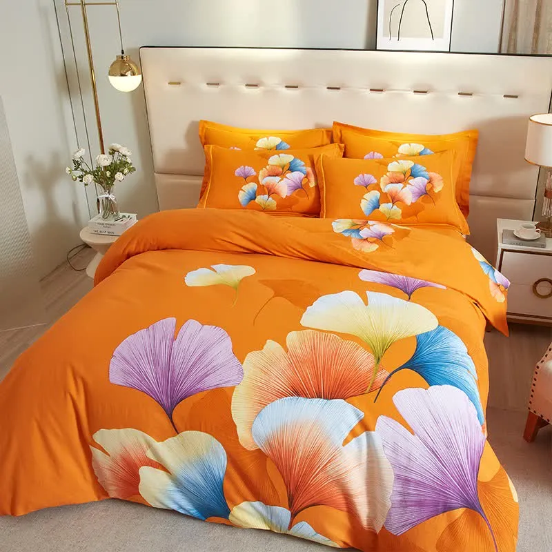 Bettwäsche aus gebürsteter Baumwolle mit orangefarbenem Ginkgoblatt (4-teilig)