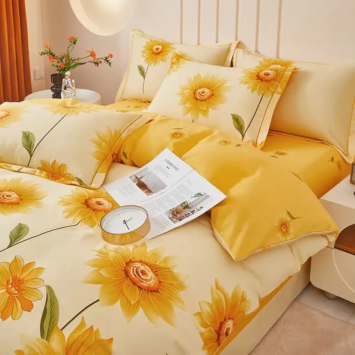 Wende-Bettwäscheset aus gebürsteter Baumwolle mit Sonnenblumenmotiv (4-teilig)