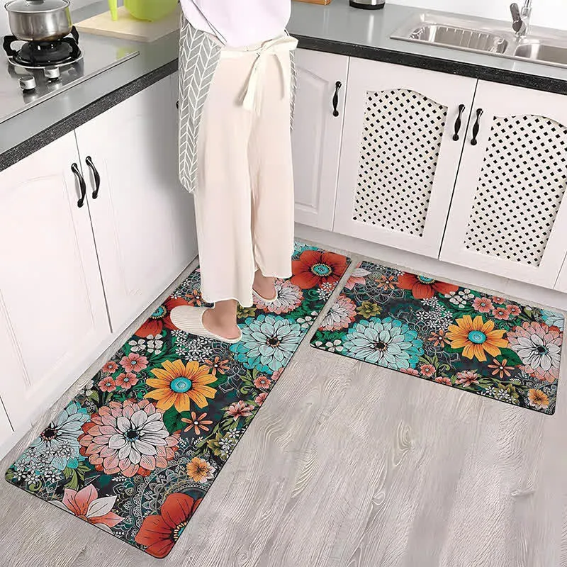 Küchenbodenmatte im Frühlingspastoralstil mit Blumenpflanzen