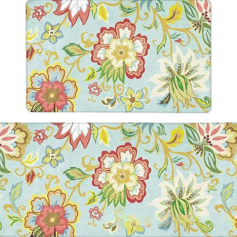 Küchenbodenmatte im Frühlingspastoralstil mit Blumenpflanzen