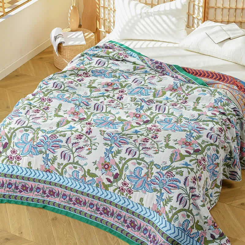 Ownkoti Steppdecke aus reiner Baumwollgaze mit Blumenmuster