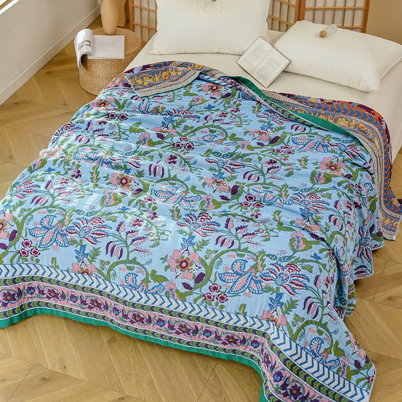 Ownkoti Steppdecke aus reiner Baumwollgaze mit Blumenmuster