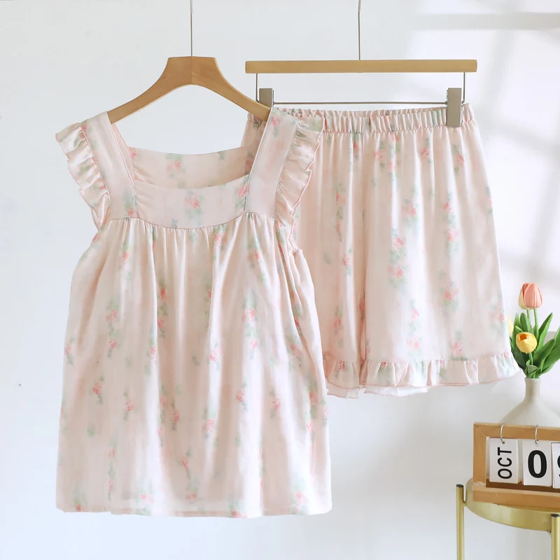 Loungewear-Set aus rosa geblümtem Rüschen-Camisole mit Rüschen