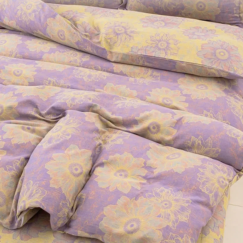Wendebettwäscheset aus Baumwollgaze mit Jacquard-Blumenmuster (4-teilig)