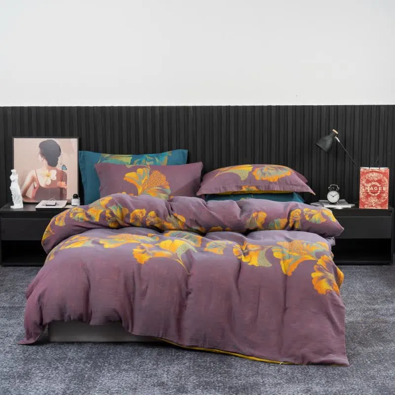 Ginkgo-inspiriertes Bettwäscheset aus Baumwollgaze (4-teilig)