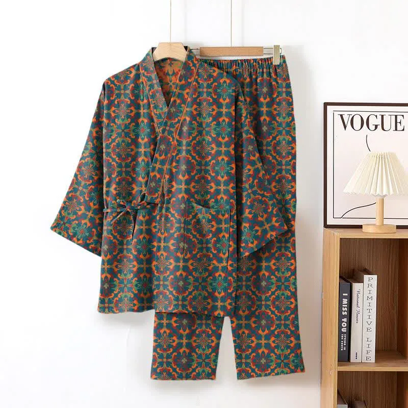 Loungewear-Set aus Baumwoll-Kimono mit geometrischem Muster