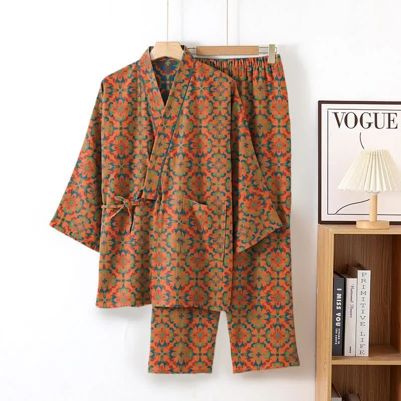 Loungewear-Set aus Baumwoll-Kimono mit geometrischem Muster