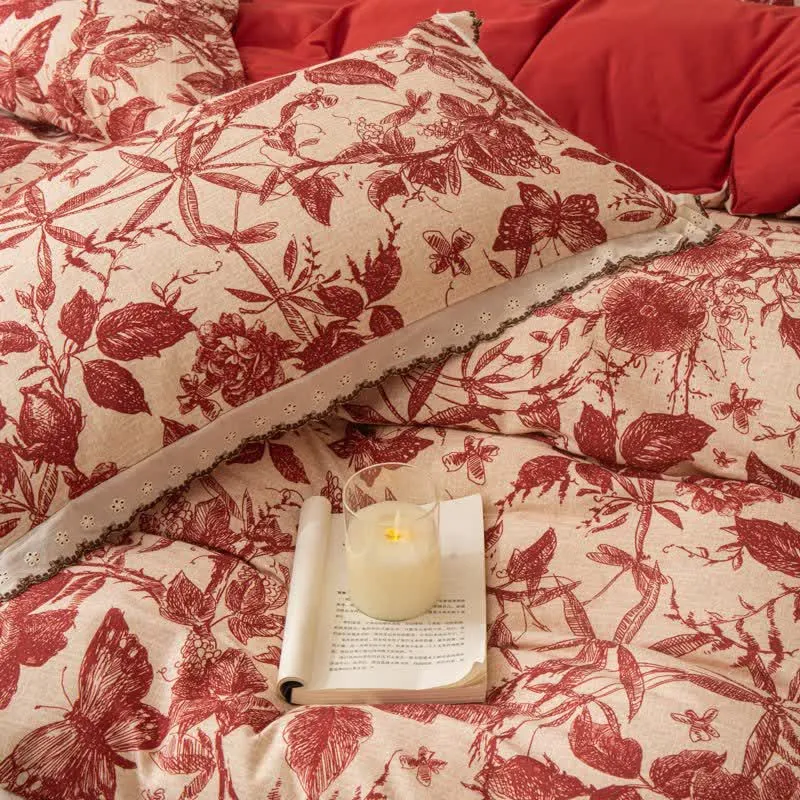 Bettwäsche-Set aus roter botanischer Spitze und gebürsteter Baumwolle