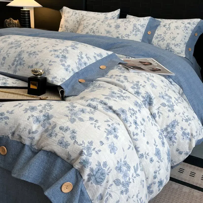 Bettwäsche-Set mit blauem Blumenmuster, Leinen und Knöpfen (4-teilig)