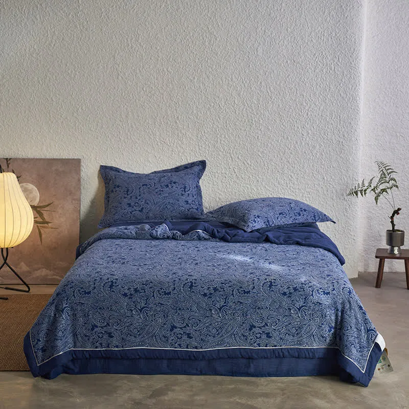 Dunkelblaue Retro-Bettwäschekollektion aus Baumwollgaze