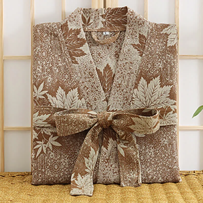 Kimono-Bademantel aus Baumwollgaze mit Ahornblatt-Print