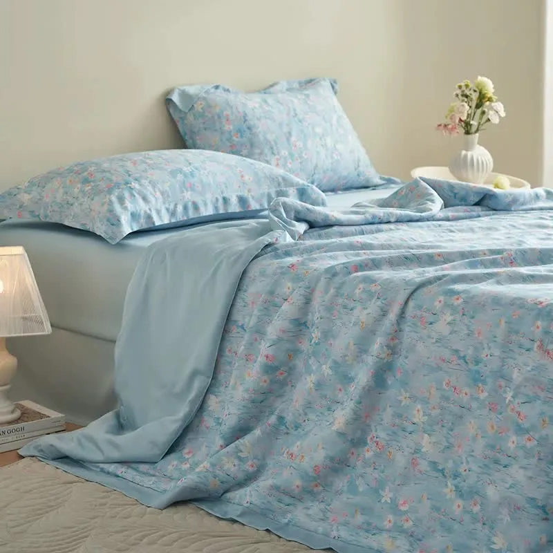 Pastorales blaues Sommer-Bettwäscheset mit Blumenmuster (4-teilig)