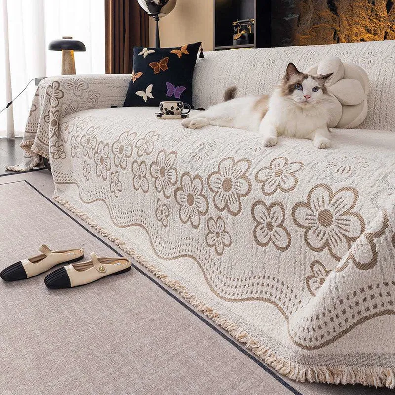 Sofadecke mit Blumen-Jacquard-Quaste