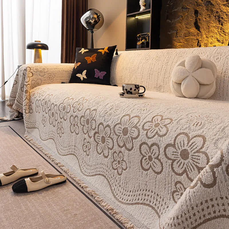 Sofadecke mit Blumen-Jacquard-Quaste