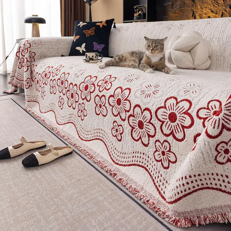 Sofadecke mit Blumen-Jacquard-Quaste