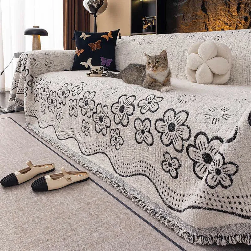 Sofadecke mit Blumen-Jacquard-Quaste