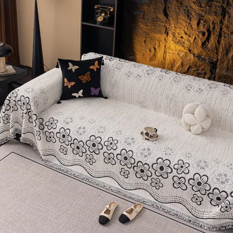 Sofadecke mit Blumen-Jacquard-Quaste