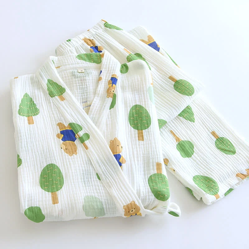 Pyjama-Set aus Baumwollgaze mit Baum- und Bären-Print