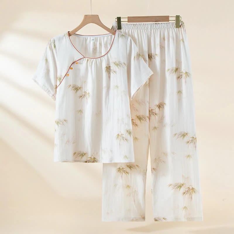 Loungewear-Set aus Baumwollgaze mit Vintage-Bambusdruck und Perlenknöpfen