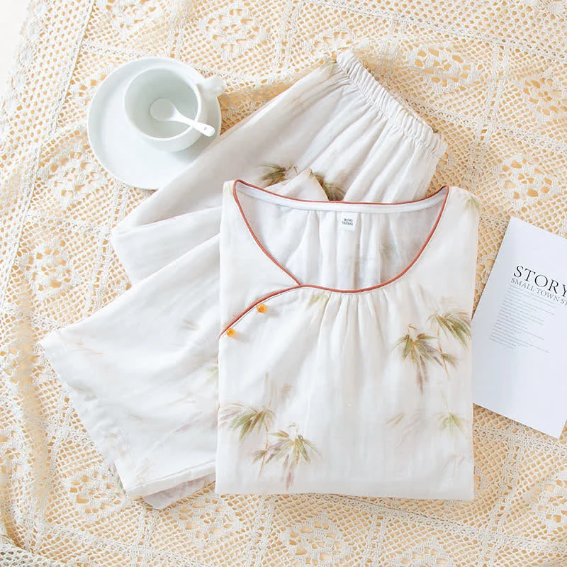 Loungewear-Set aus Baumwollgaze mit Vintage-Bambusdruck und Perlenknöpfen
