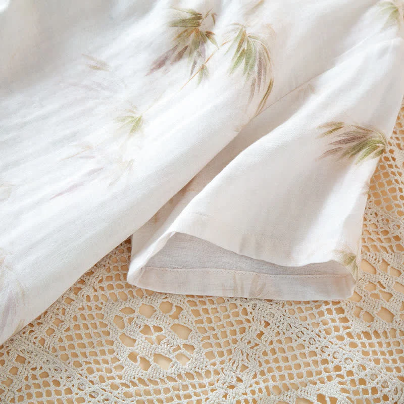 Loungewear-Set aus Baumwollgaze mit Vintage-Bambusdruck und Perlenknöpfen