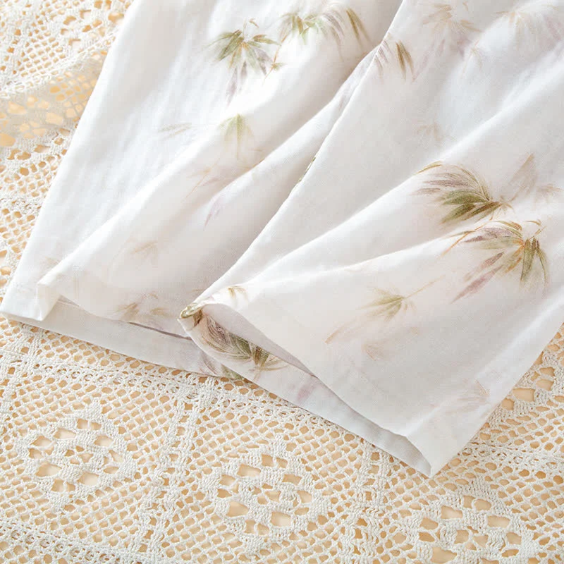 Loungewear-Set aus Baumwollgaze mit Vintage-Bambusdruck und Perlenknöpfen
