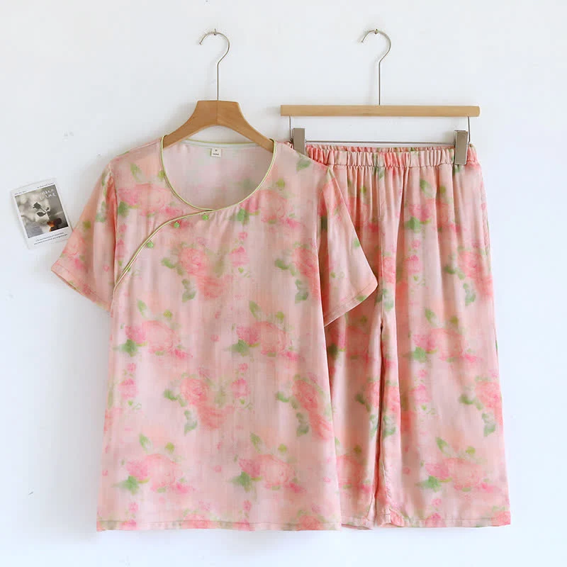 Kurzärmliges Pyjama-Set aus Bambusfaser mit Rosendruck