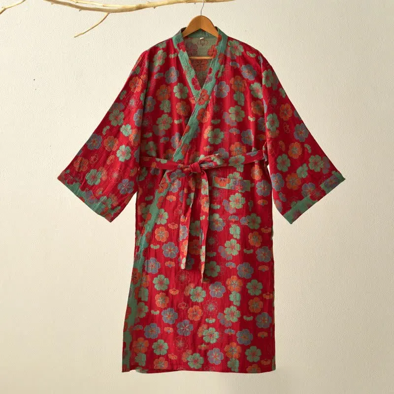 Kimono-Bademantel aus Baumwollgaze mit Pflaumenblüten-Print