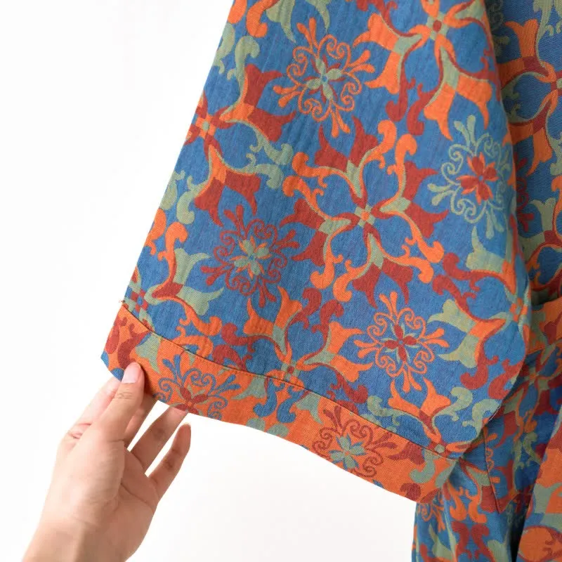 Kimono-Bademantel aus Baumwolle mit geometrischem Retro-Muster
