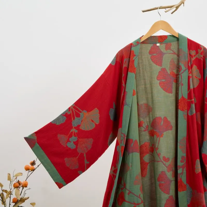 Kimono-Bademantel aus Bio-Baumwolle mit Ginkgoblatt
