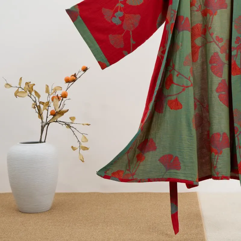 Kimono-Bademantel aus Bio-Baumwolle mit Ginkgoblatt