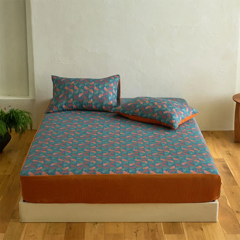 Spannbettlaken aus Baumwollgaze-Jacquard mit Ginkgo-Muster